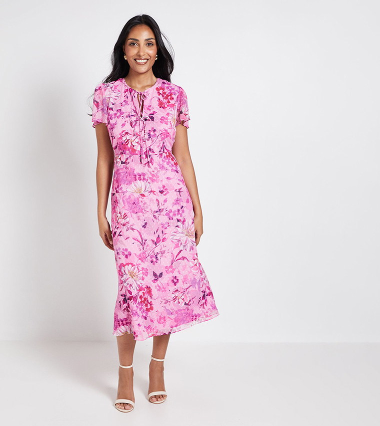 Petite Floral Print Dobby Tie Front Midi Dress