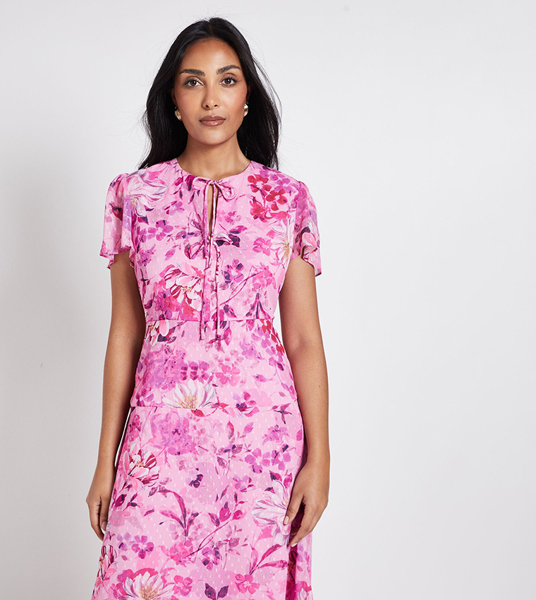 Petite Floral Print Dobby Tie Front Midi Dress