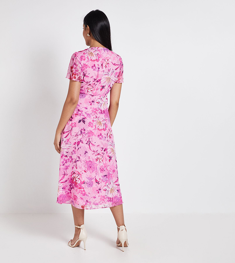 Petite Floral Print Dobby Tie Front Midi Dress
