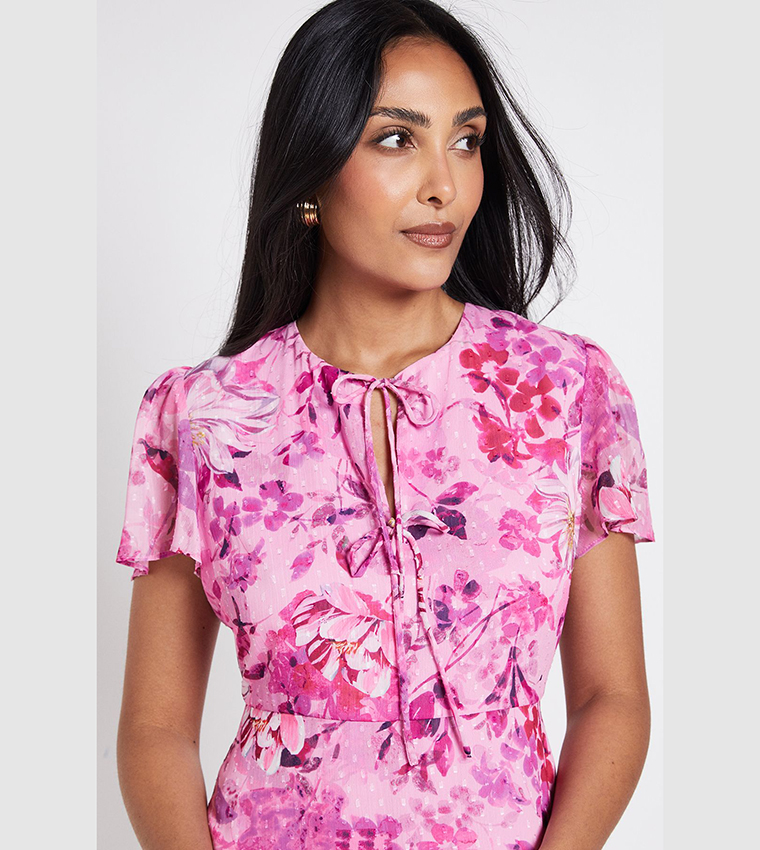 Petite Floral Print Dobby Tie Front Midi Dress