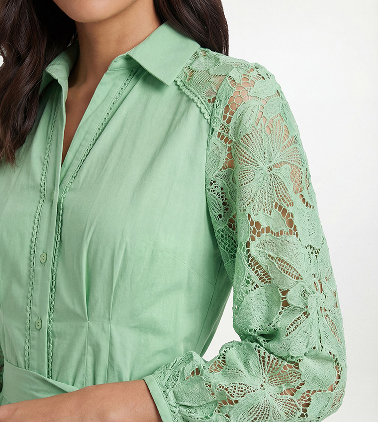 Cotton Lace Belted Shirt Dress