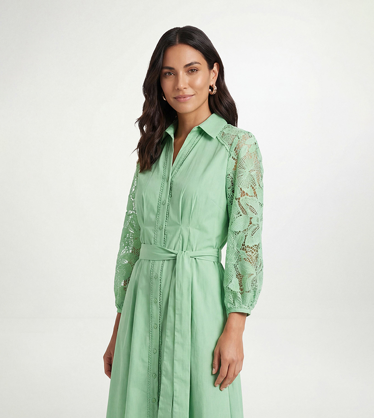 Cotton Lace Belted Shirt Dress
