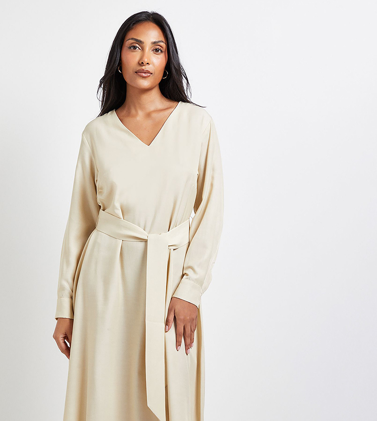 Petite Denim Look Tie Waist Midi Dress