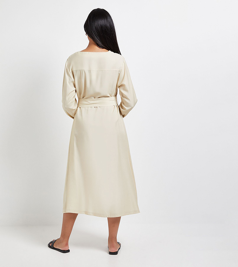 Petite Denim Look Tie Waist Midi Dress