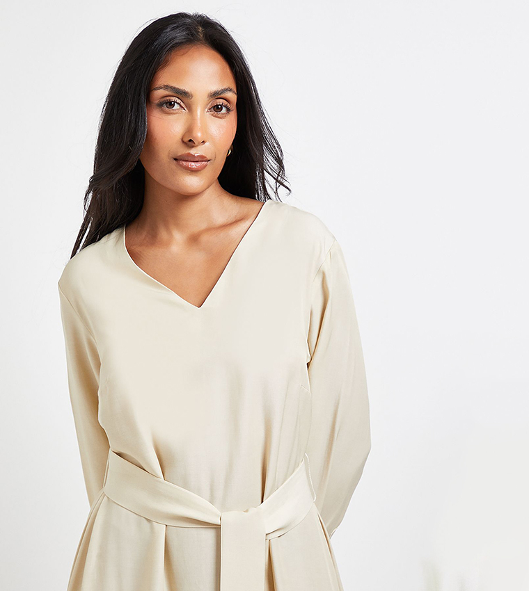 Petite Denim Look Tie Waist Midi Dress