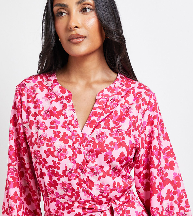 Petite Floral Print Button Midi Dress