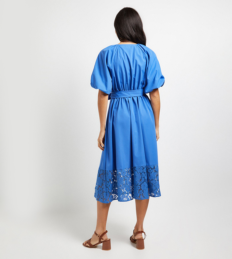 Buy Wallis Puff Sleeves Lace Trim Midi Dress In Blue | 6thStreet UAE