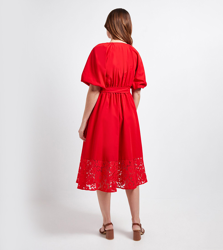 wallis red lace dress Coral Wallis Premium Lace Belted Pleated Midi Dress