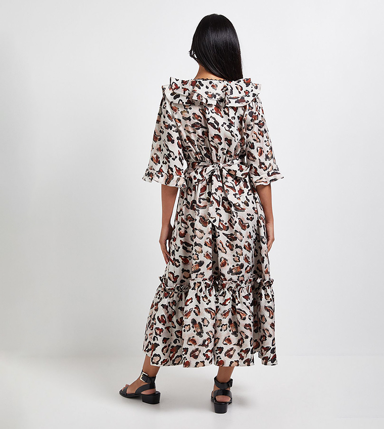 فستان ميدي مكشكش بطبعة ليوبارد للمقاسات الصغيرة