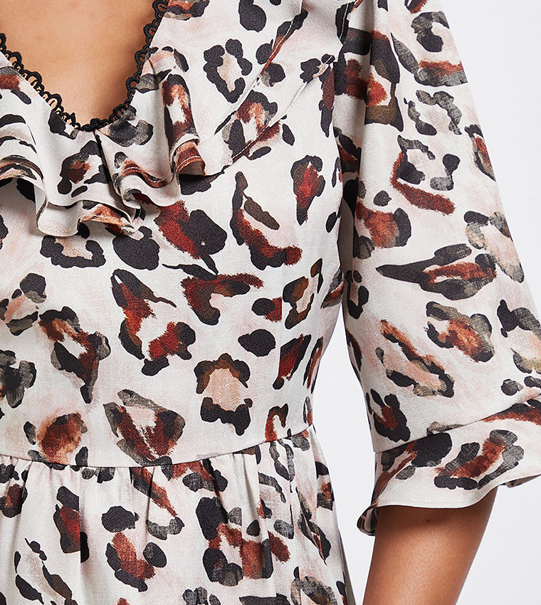 فستان ميدي مكشكش بطبعة ليوبارد للمقاسات الصغيرة