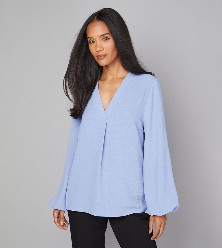 Buy Wallis Solid Balloon Sleeves Top In Blue | 6thstreet UAE