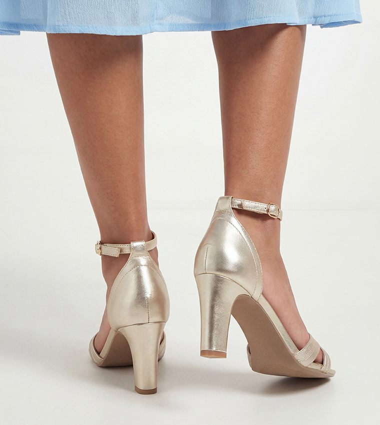 Maria Metallic Cross Strap High Block Heel Sandals