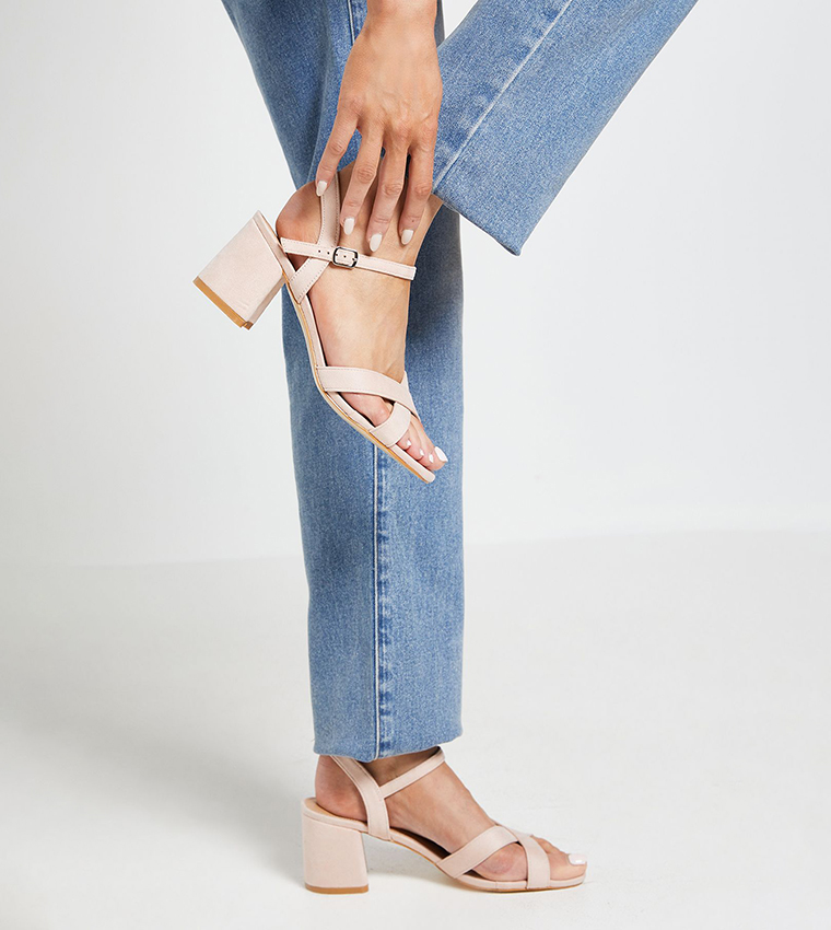 Wide Fit Samiyas Faux Suede Cross Strap Block Heel Sandals