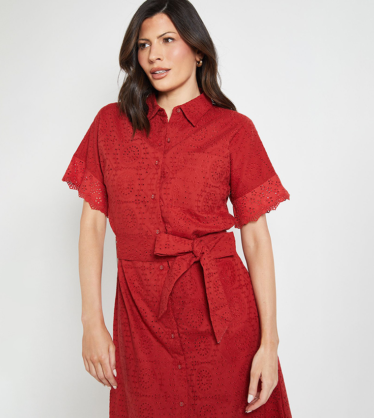 Broderie Belted Midi Shirt Dress