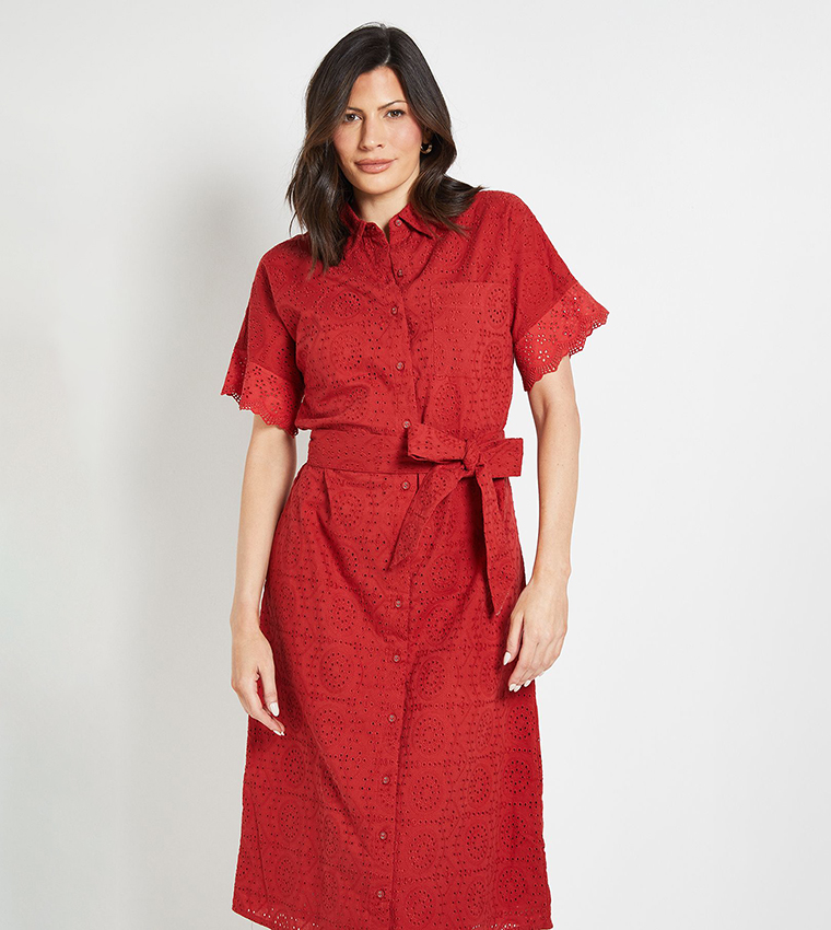 Broderie Belted Midi Shirt Dress