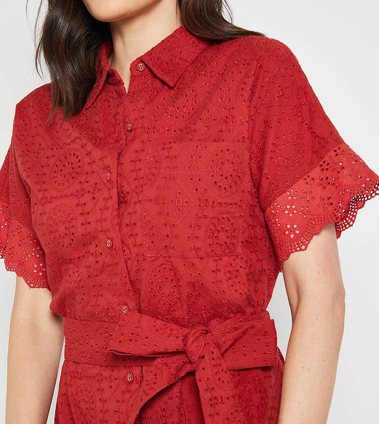 Broderie Belted Midi Shirt Dress