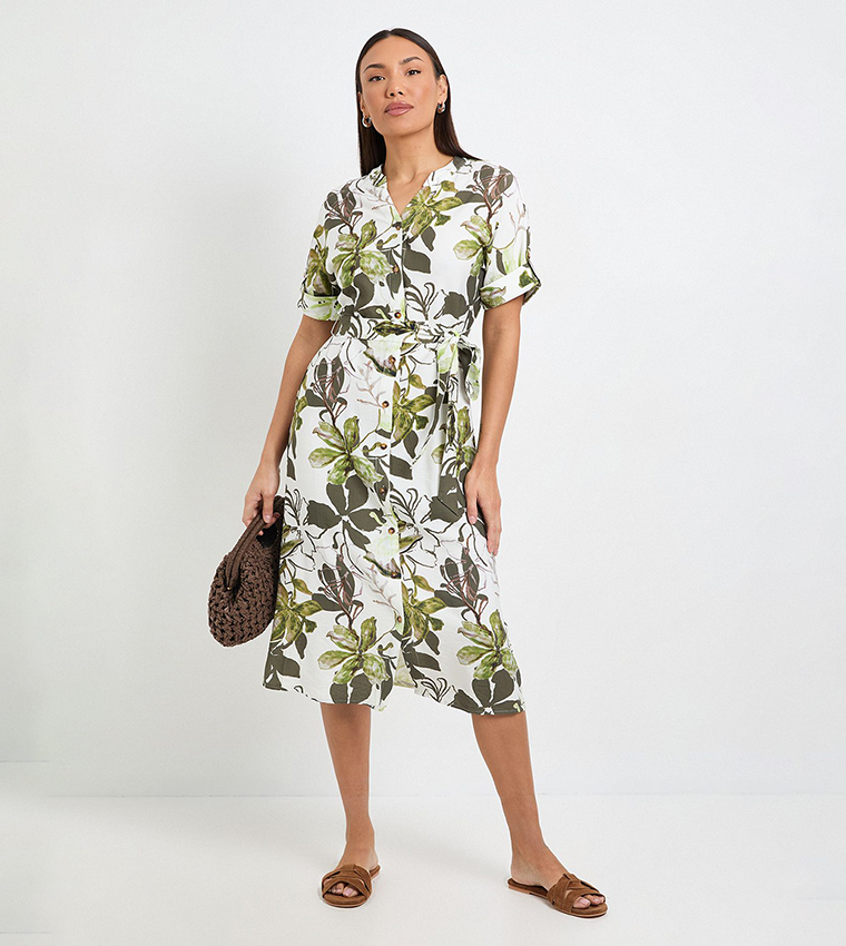 wallis dresses green Buy Floral Roll Sleeves Belted Midi Dress In fit and flare dress for wedding guest