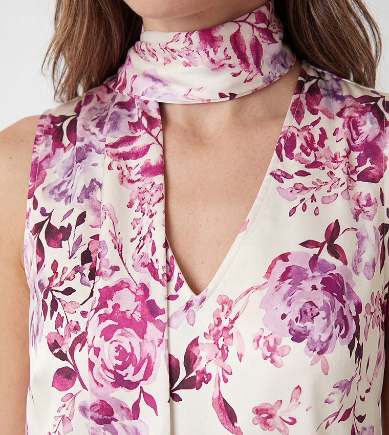 Petite Floral Print Satin Scarf Midi Dress