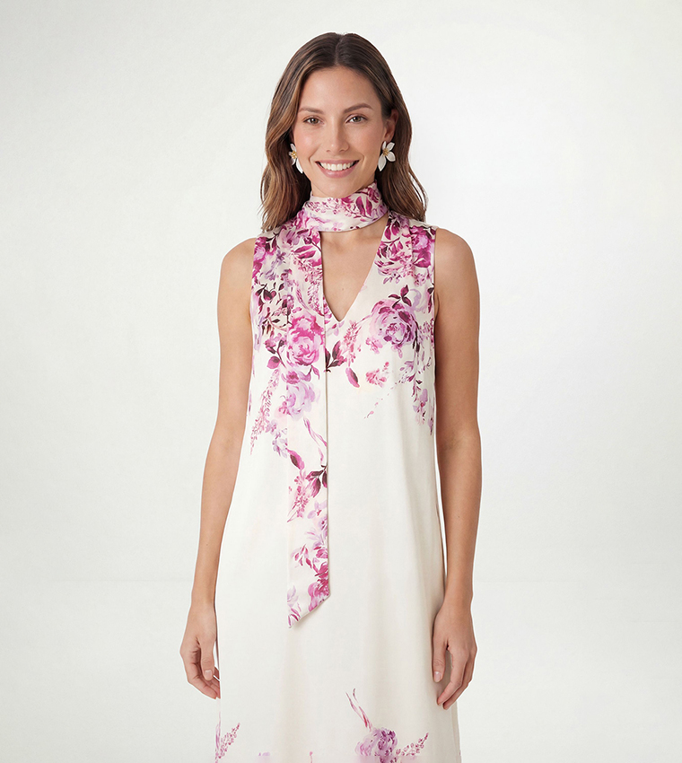 Petite Floral Print Satin Scarf Midi Dress