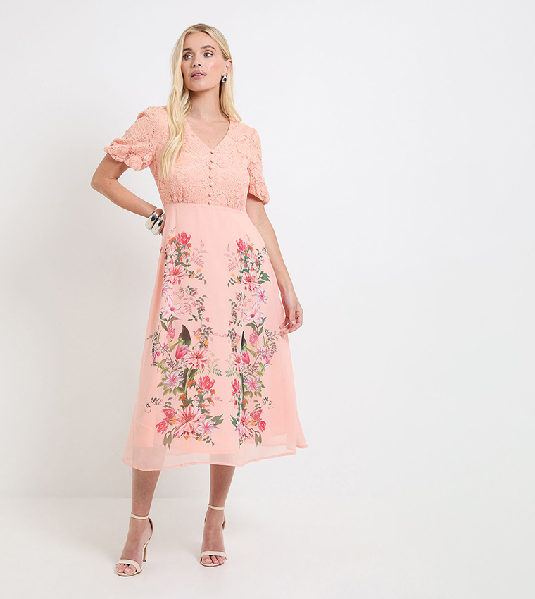Petite Floral Print Lace Button Midi Dress