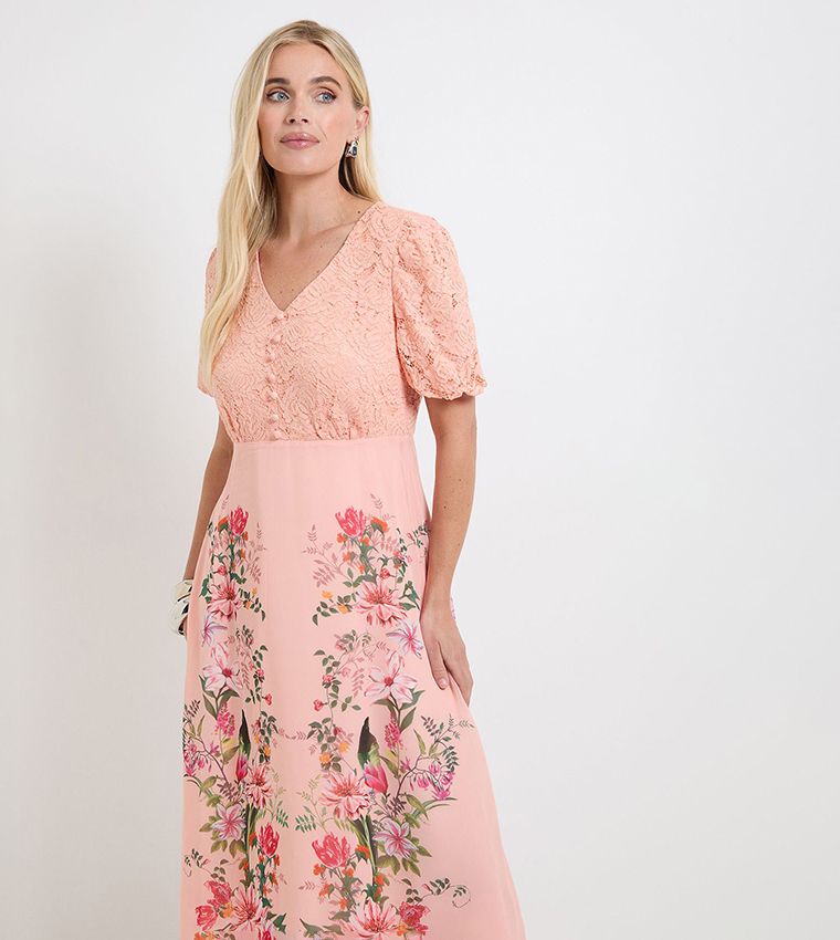 Petite Floral Print Lace Button Midi Dress