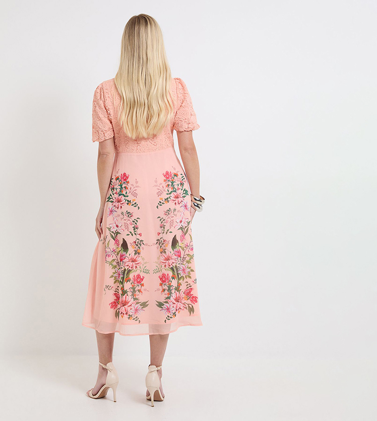 Petite Floral Print Lace Button Midi Dress
