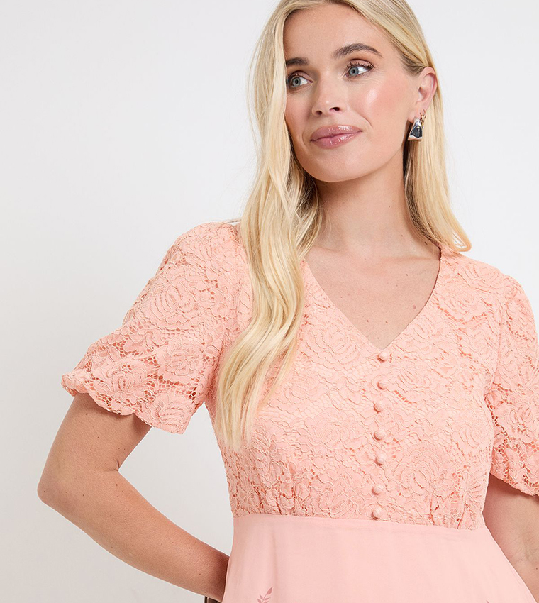 Petite Floral Print Lace Button Midi Dress