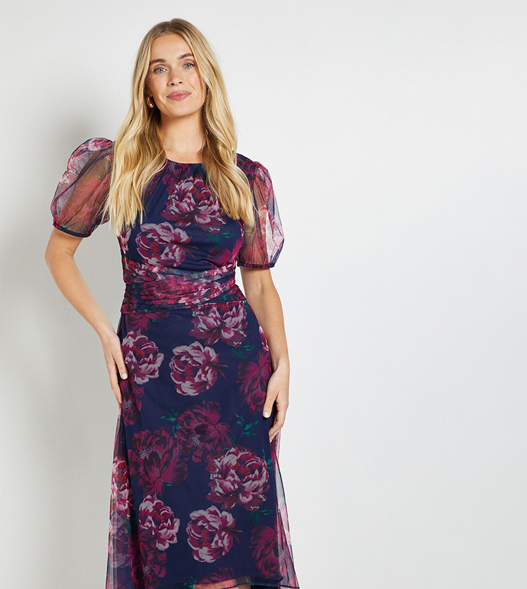 Petite Floral Mesh Pleated Midi Dress