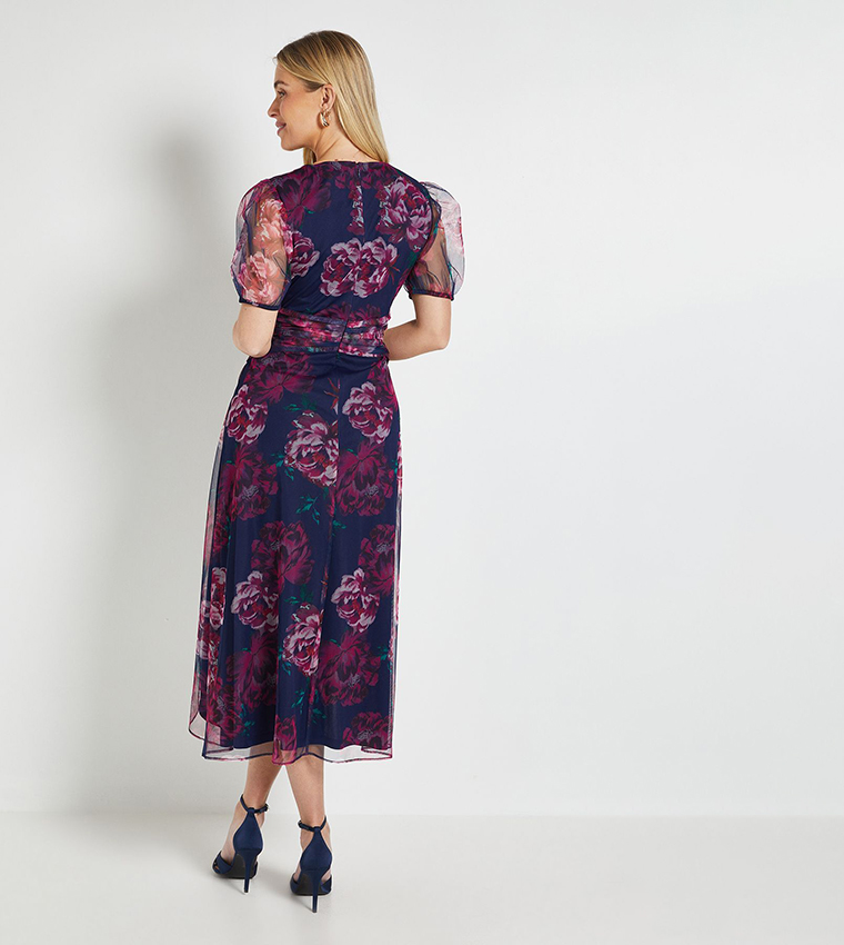 Petite Floral Mesh Pleated Midi Dress