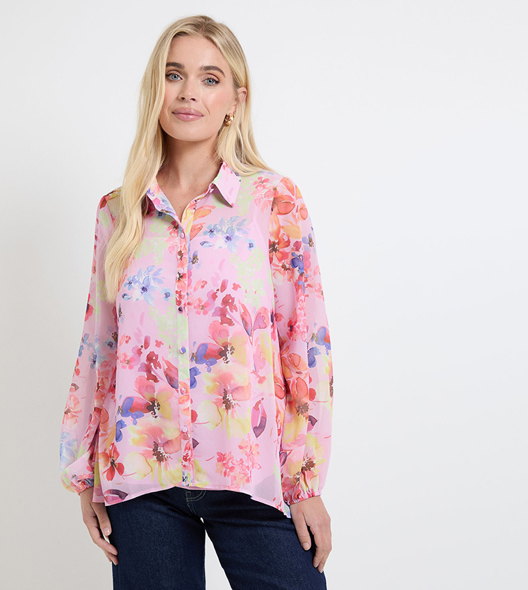 Petite High Low Hem Long Sleeves Shirt