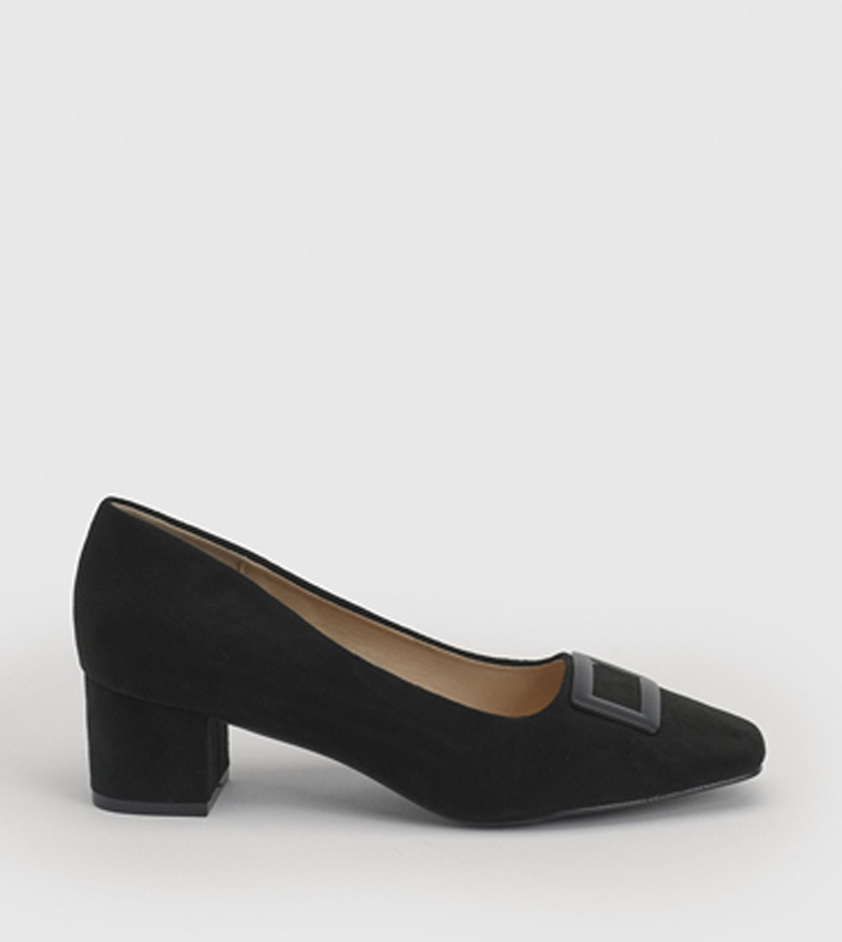 Danny Faux Suede Square Toe Covered Buckle Medium Block Heel Pumps