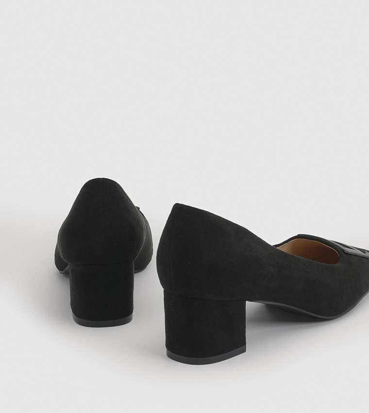 Danny Faux Suede Square Toe Covered Buckle Medium Block Heel Pumps