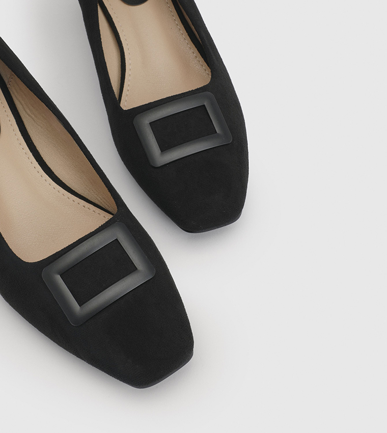 Danny Faux Suede Square Toe Covered Buckle Medium Block Heel Pumps