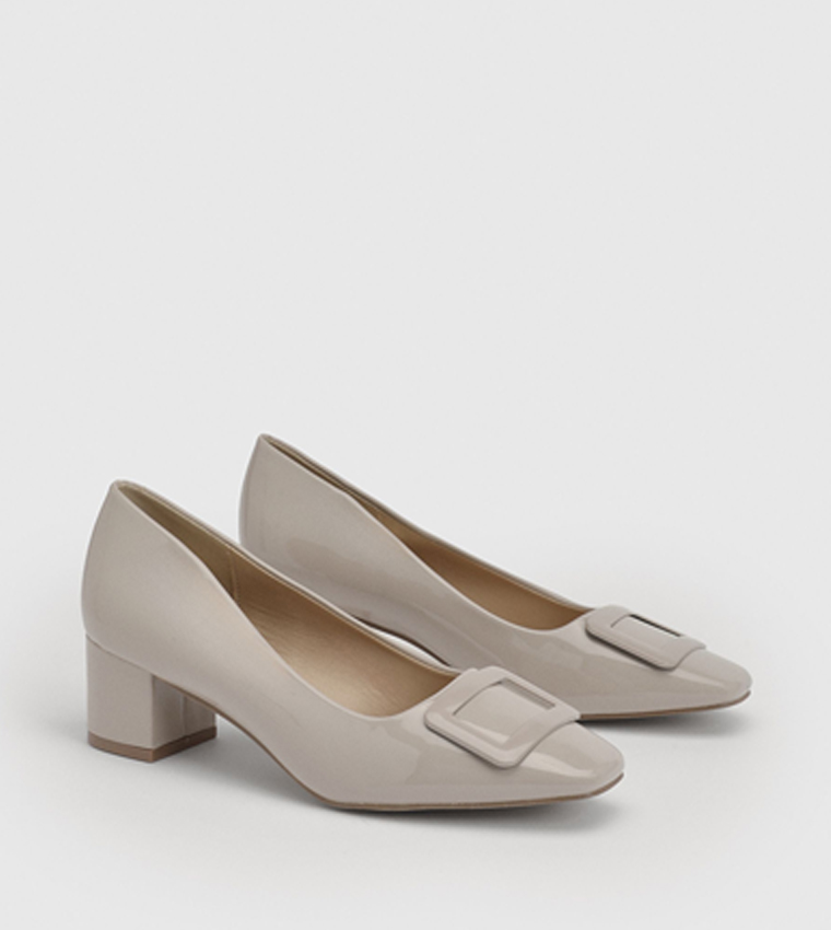 Danny Faux Patent Leather Square Toe Block Heel Pumps