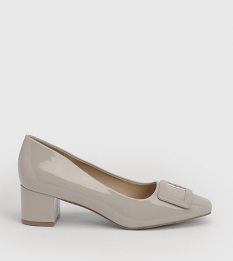 Danny Faux Patent Leather Square Toe Block Heel Pumps