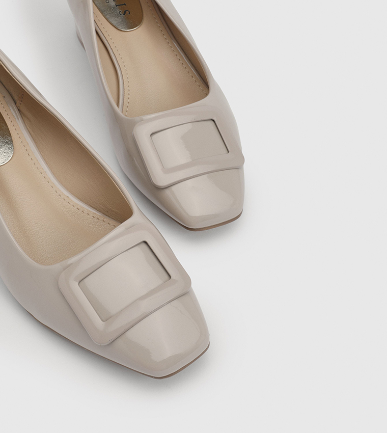 Danny Faux Patent Leather Square Toe Block Heel Pumps