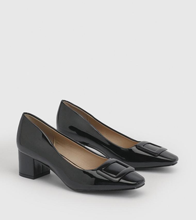 Danny Faux Patent Leather Square Toe Block Heel Pumps