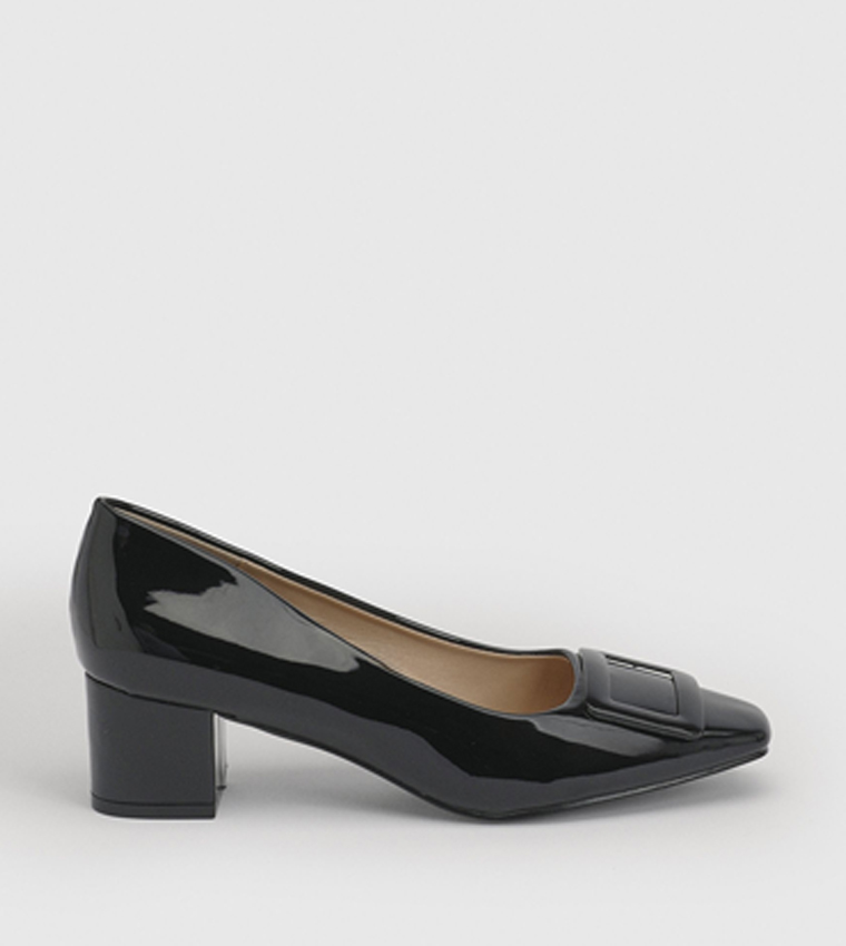 Danny Faux Patent Leather Square Toe Block Heel Pumps
