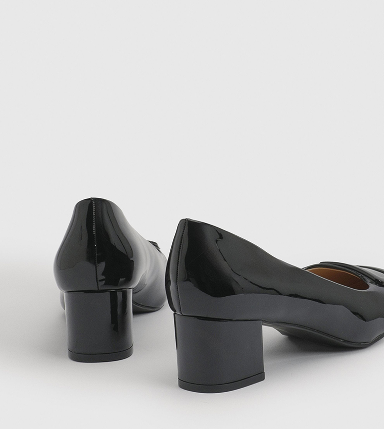 Danny Faux Patent Leather Square Toe Block Heel Pumps
