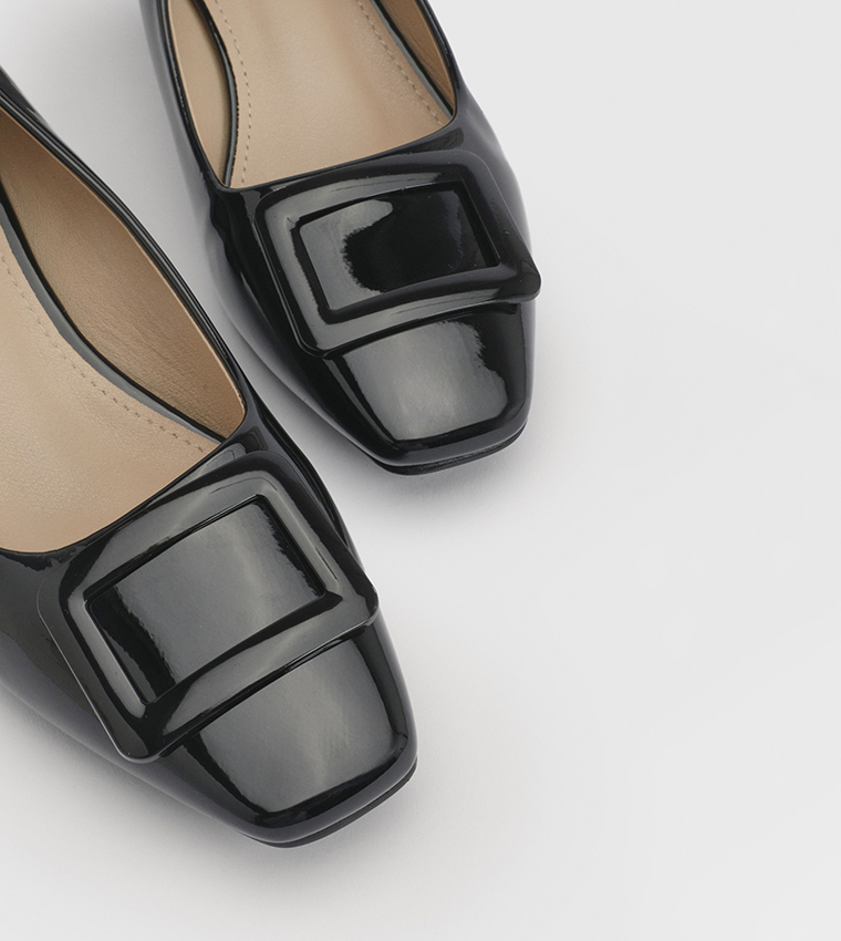 Danny Faux Patent Leather Square Toe Block Heel Pumps