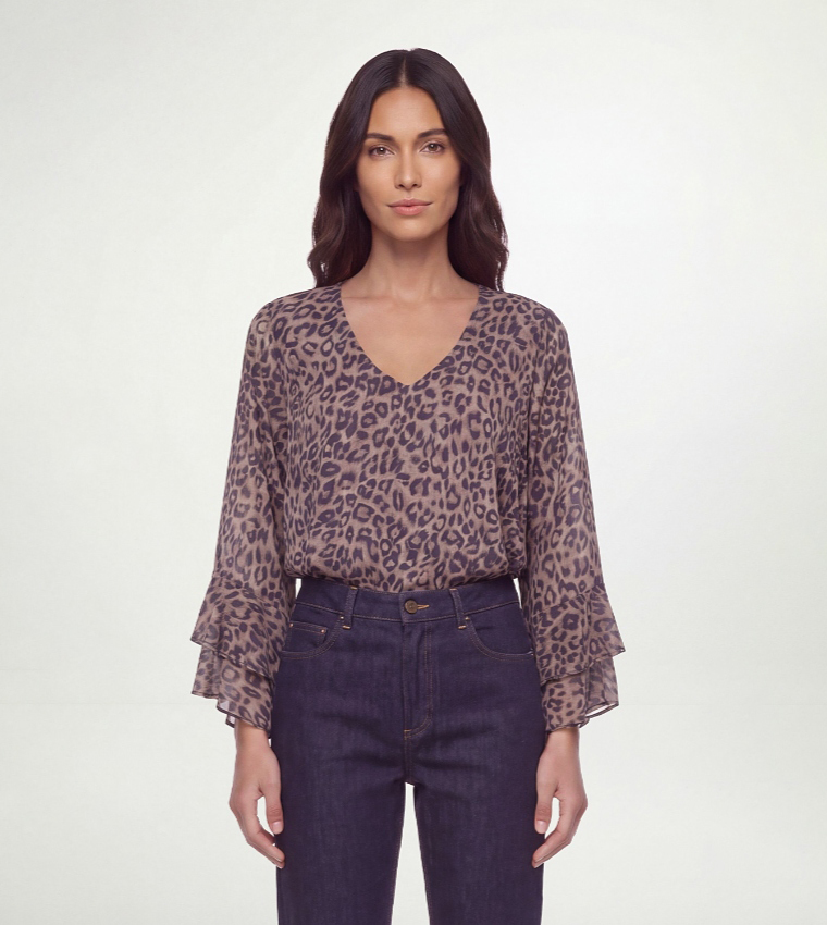 Leopard Print Flute Long Sleeves Top