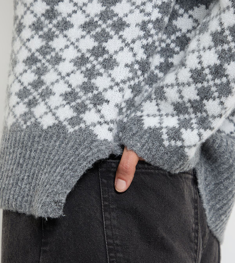 Argyle Placement Crew Neck Sweater