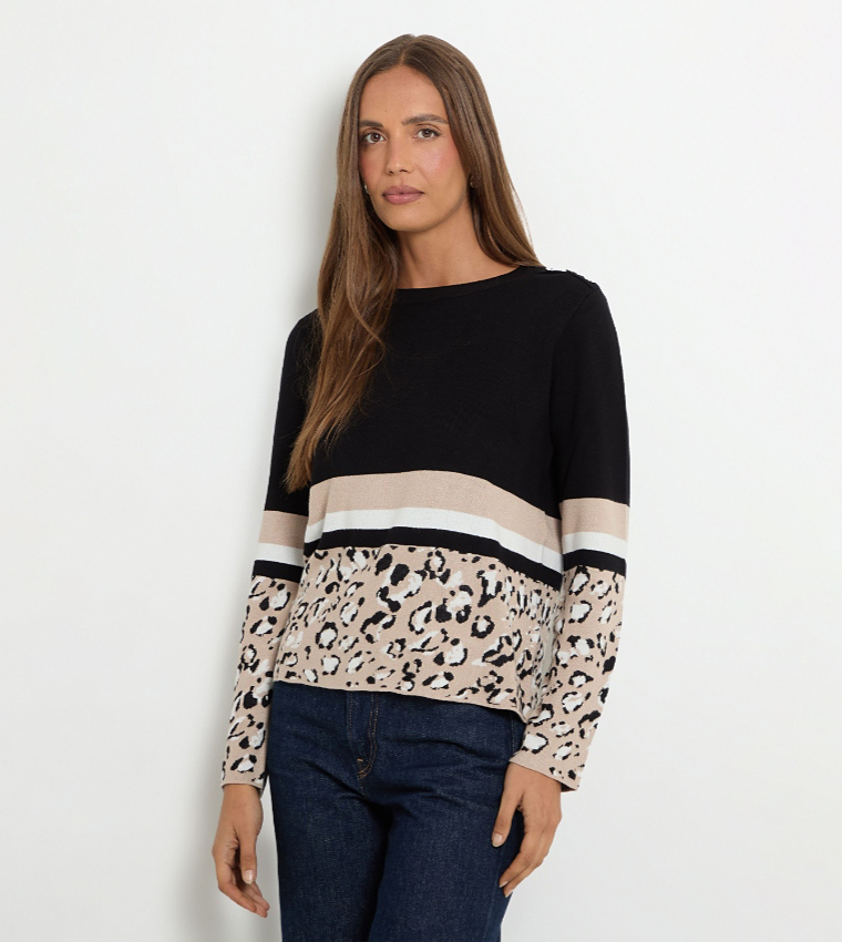 Leopard Print Crew Neck Knitted Sweater