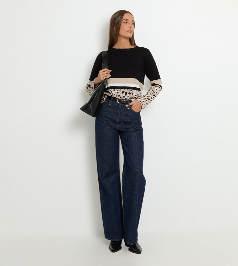 Leopard Print Crew Neck Knitted Sweater
