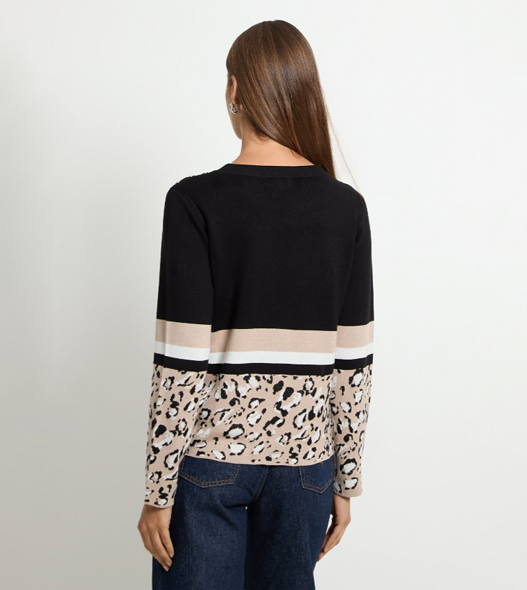 Leopard Print Crew Neck Knitted Sweater