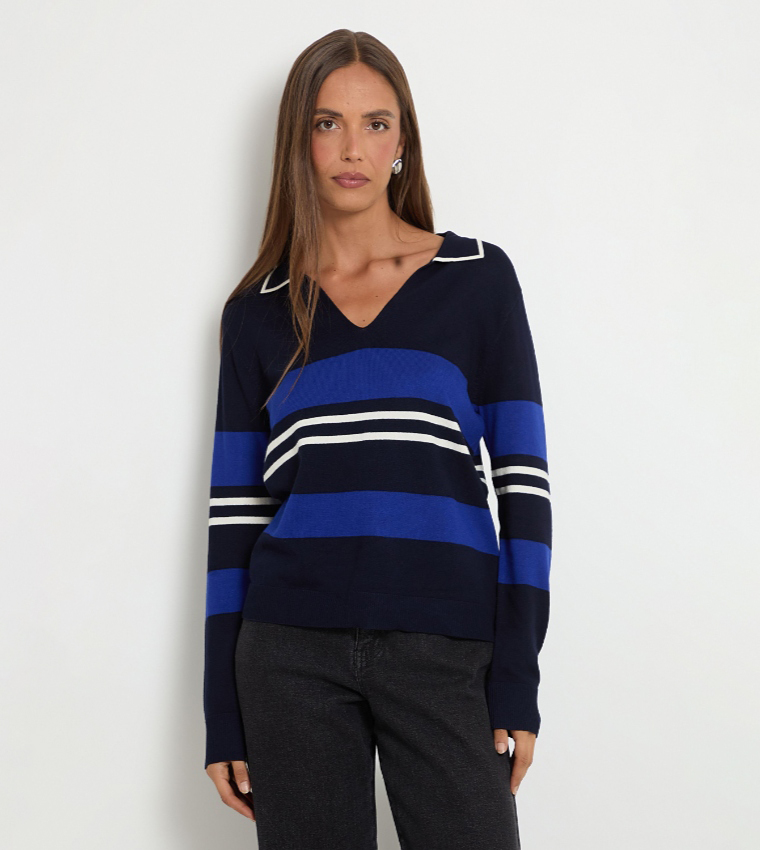 Striped Collared Knitted Sweater