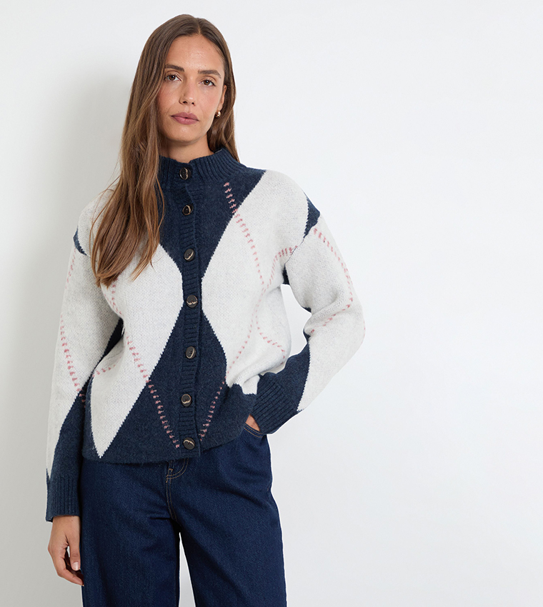 Argyle High Neck Cardigan