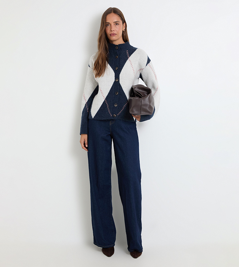Argyle High Neck Cardigan