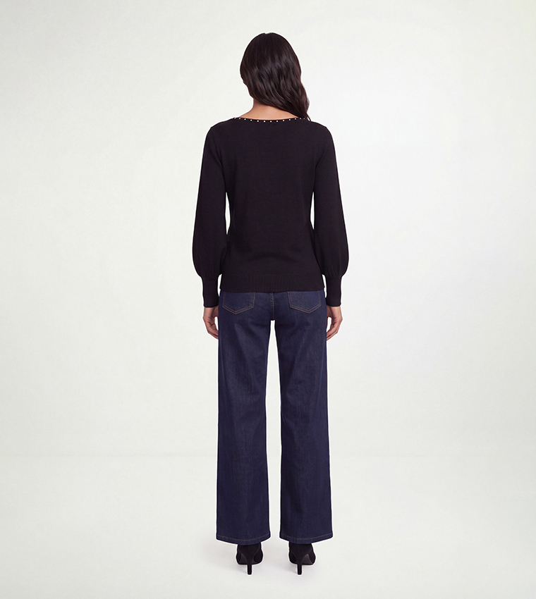 Stud Detail Fine Crew Neck Knitted Sweater