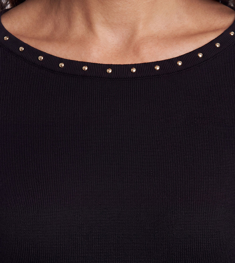 Stud Detail Fine Crew Neck Knitted Sweater